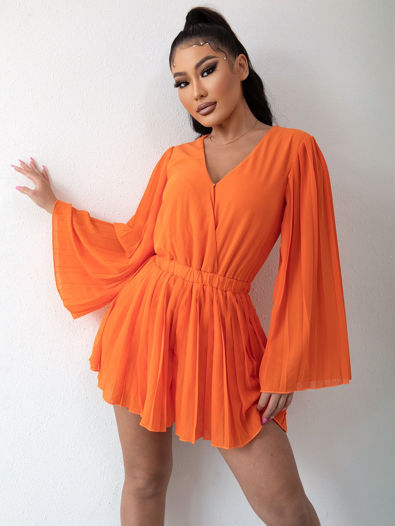 Pleated Bell Sleeve Elastic Waist Romper - Marie Lashaays 