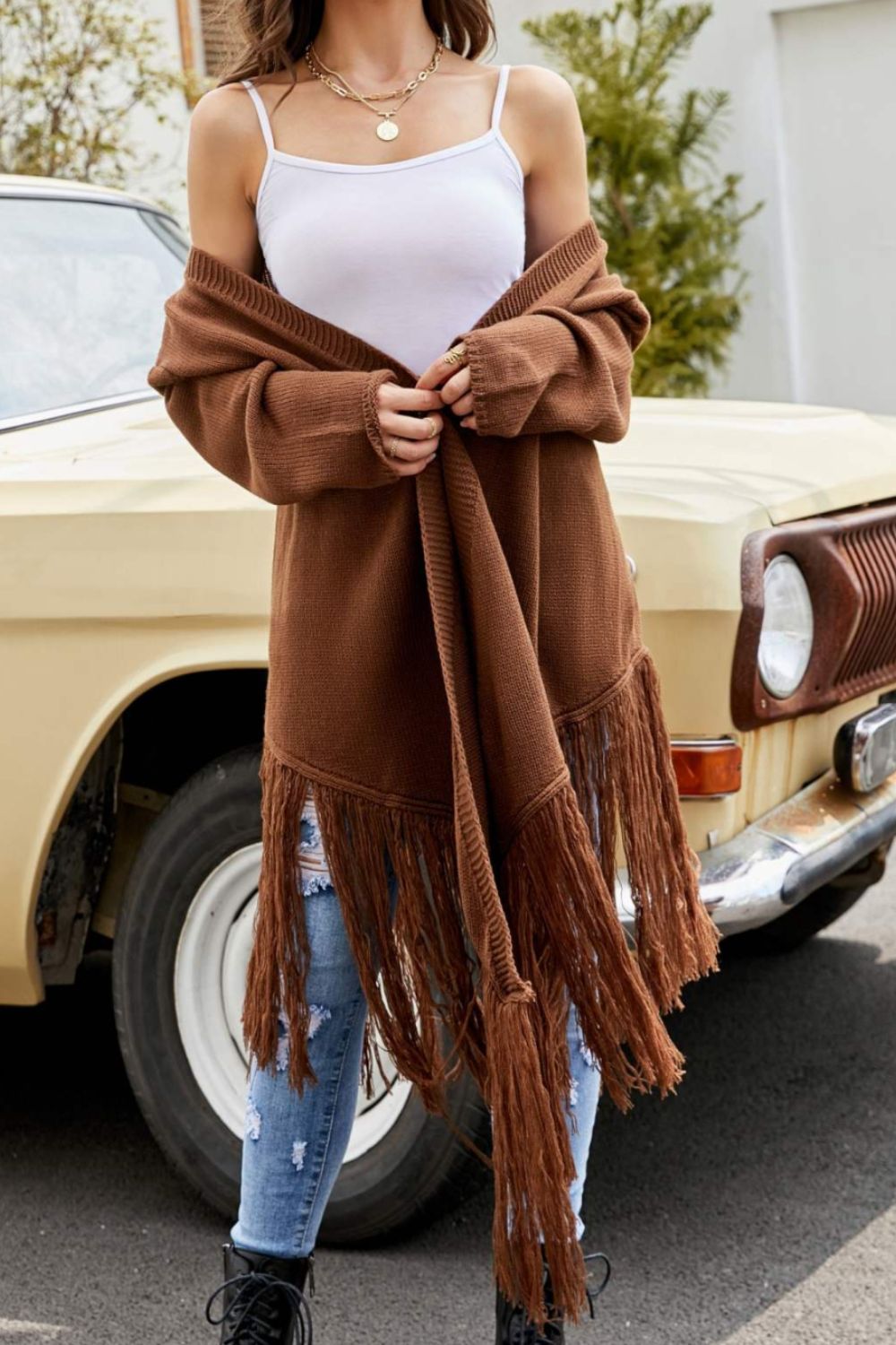 Fringe Hem Open Front Ribbed Trim Cardigan