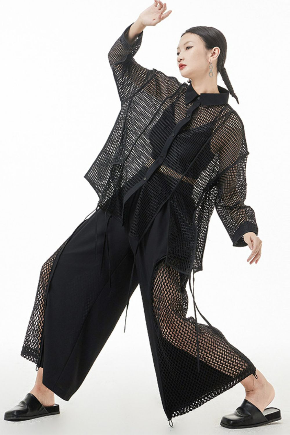 Openwork Mesh Slit Long Sleeve Shirt