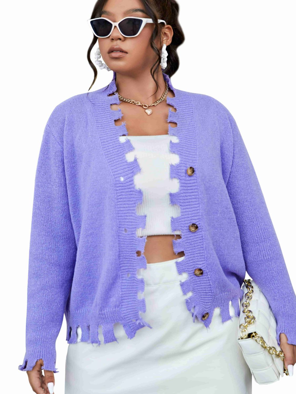 Plus Size Distressed Button Front Cardigan