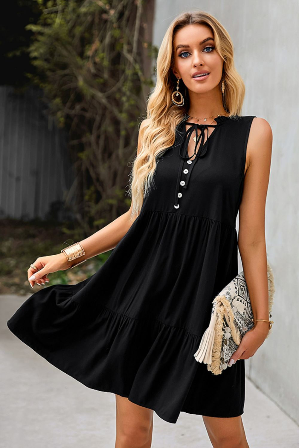 Tie Neck Tiered Dress with Decorative Buttons - Marie Lashaays 