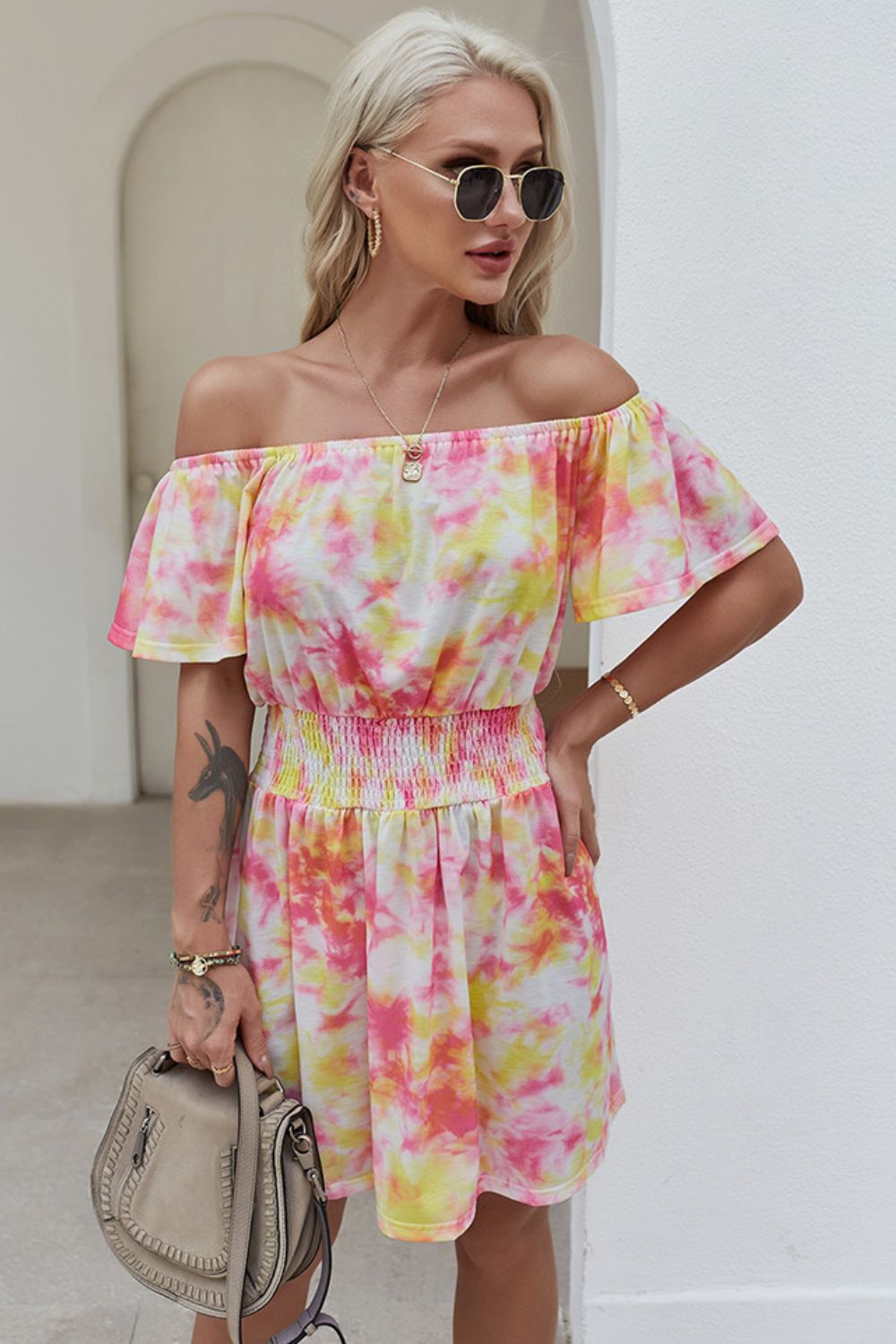 Off-Shoulder Short Flutter Sleeve Mini Dress