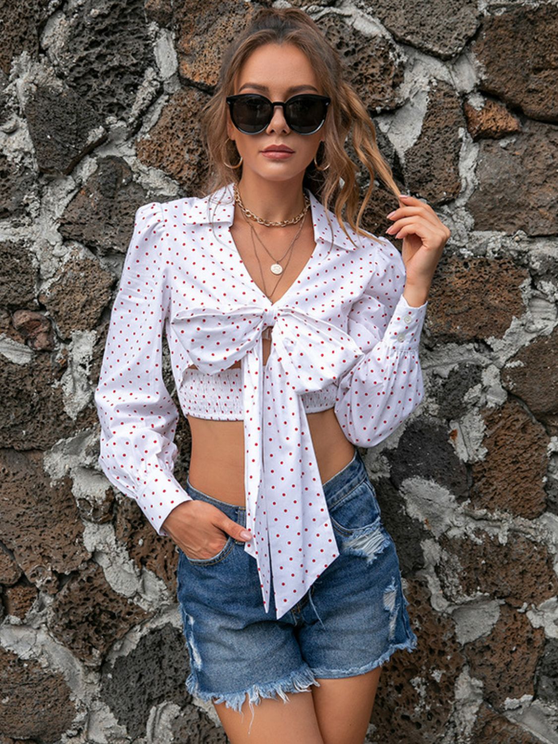 Polka Dot Tie Front Cropped Shirt