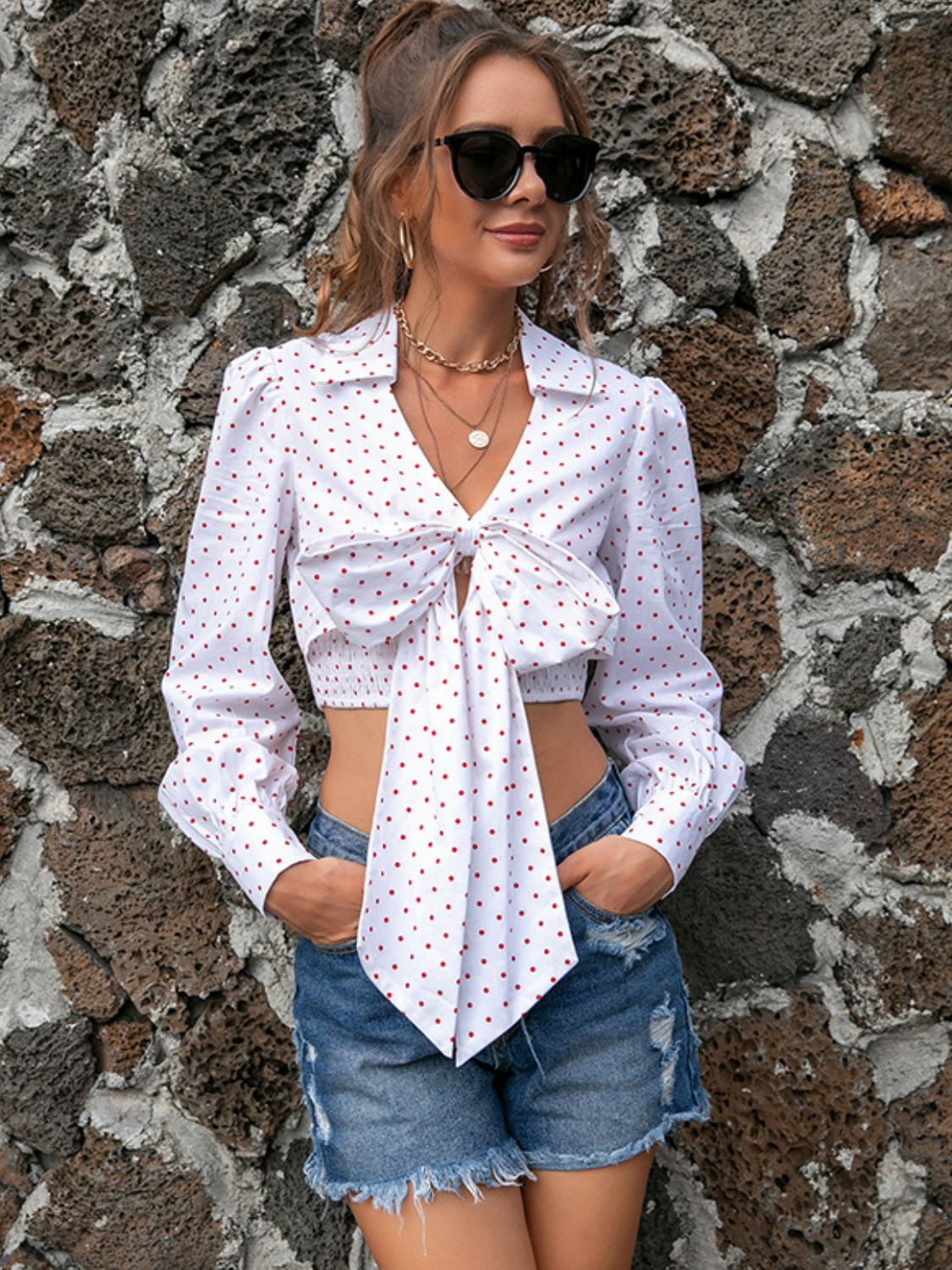 Polka Dot Tie Front Cropped Shirt