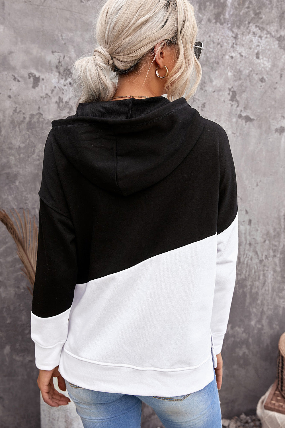 Two-Tone Drawstring Slit Hoodie