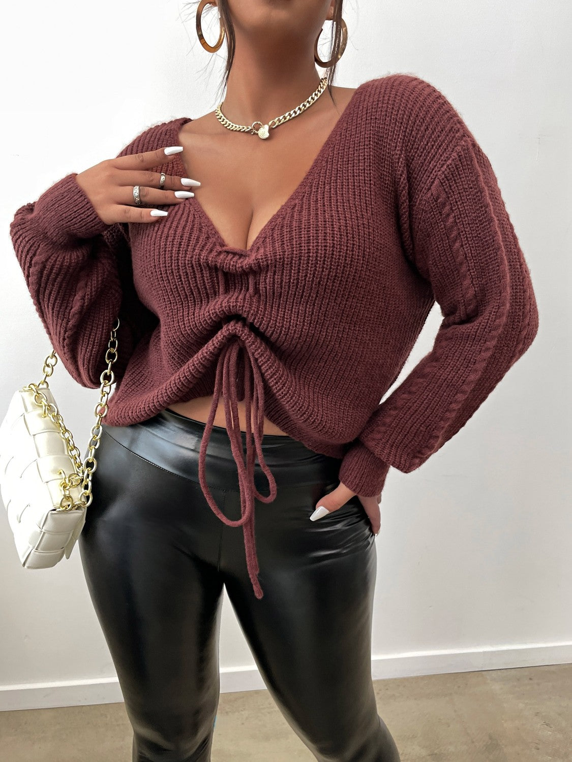 Plus Size Rib-Knit Drawstring Detail Plunge Sweater