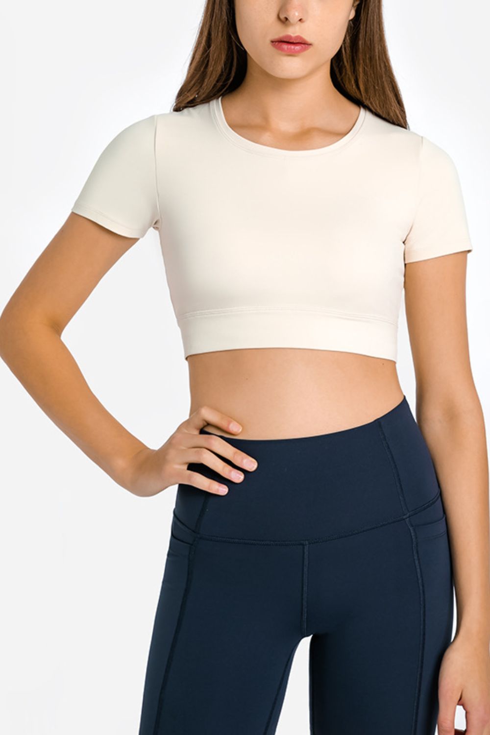 Round Neck Cropped Yoga Tee - Marie Lashaays 