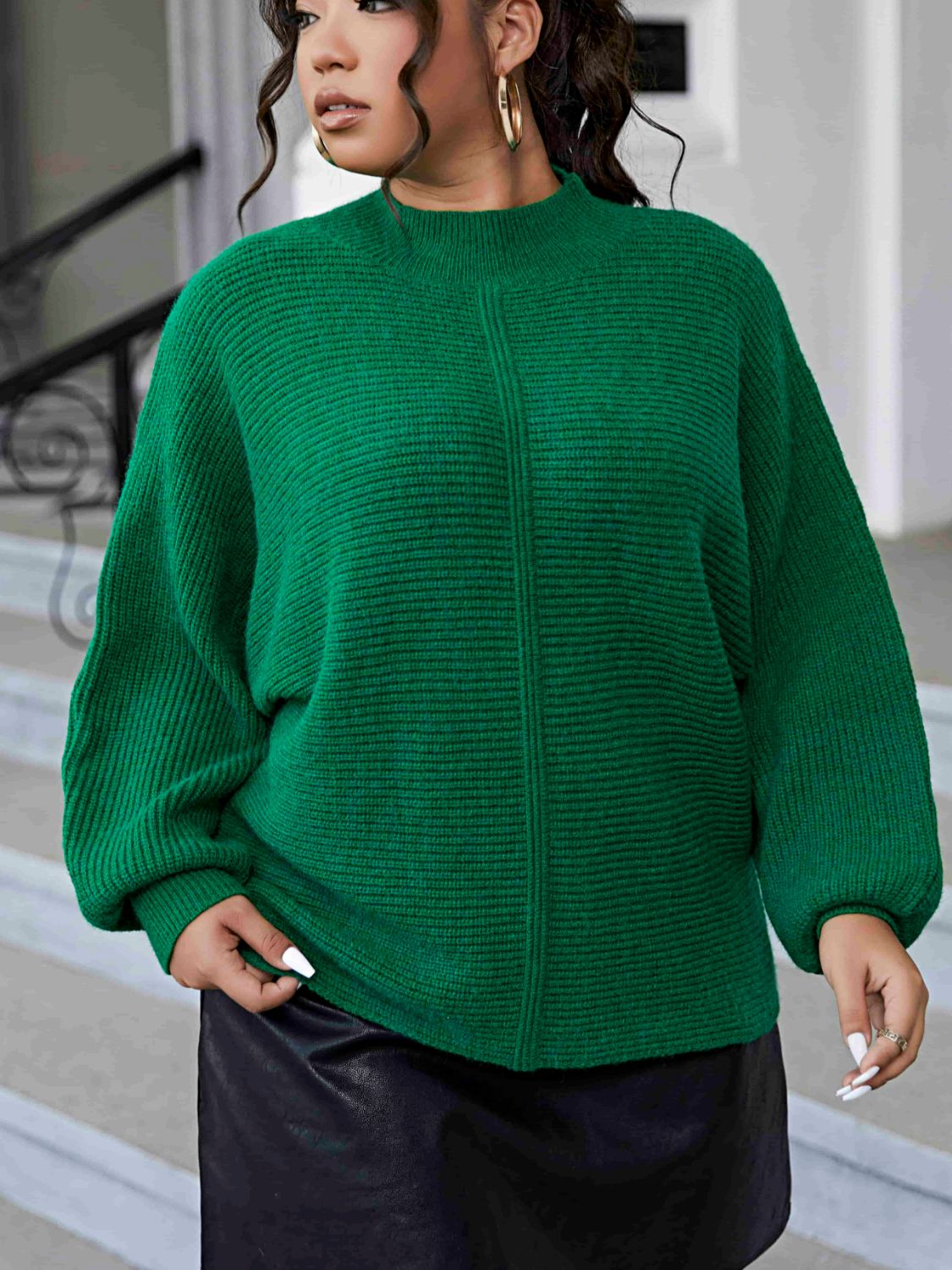 Plus Size Horizontal-Ribbing Mock Neck Sweater