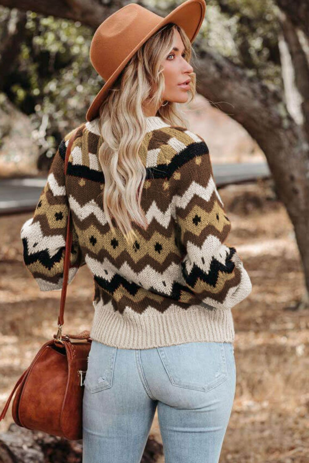 Printed Raglan Sleeve Ribbed Trim Sweater