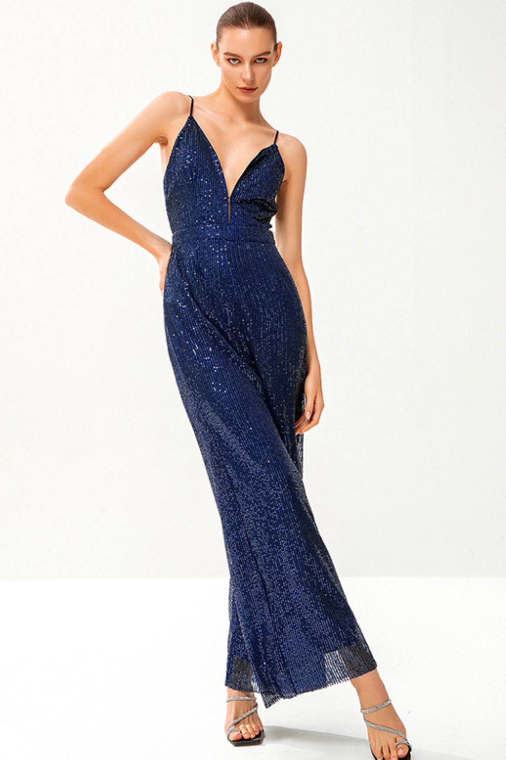 Sequined Spaghetti Strap Plunge Wide Leg Jumpsuit - Marie Lashaays 