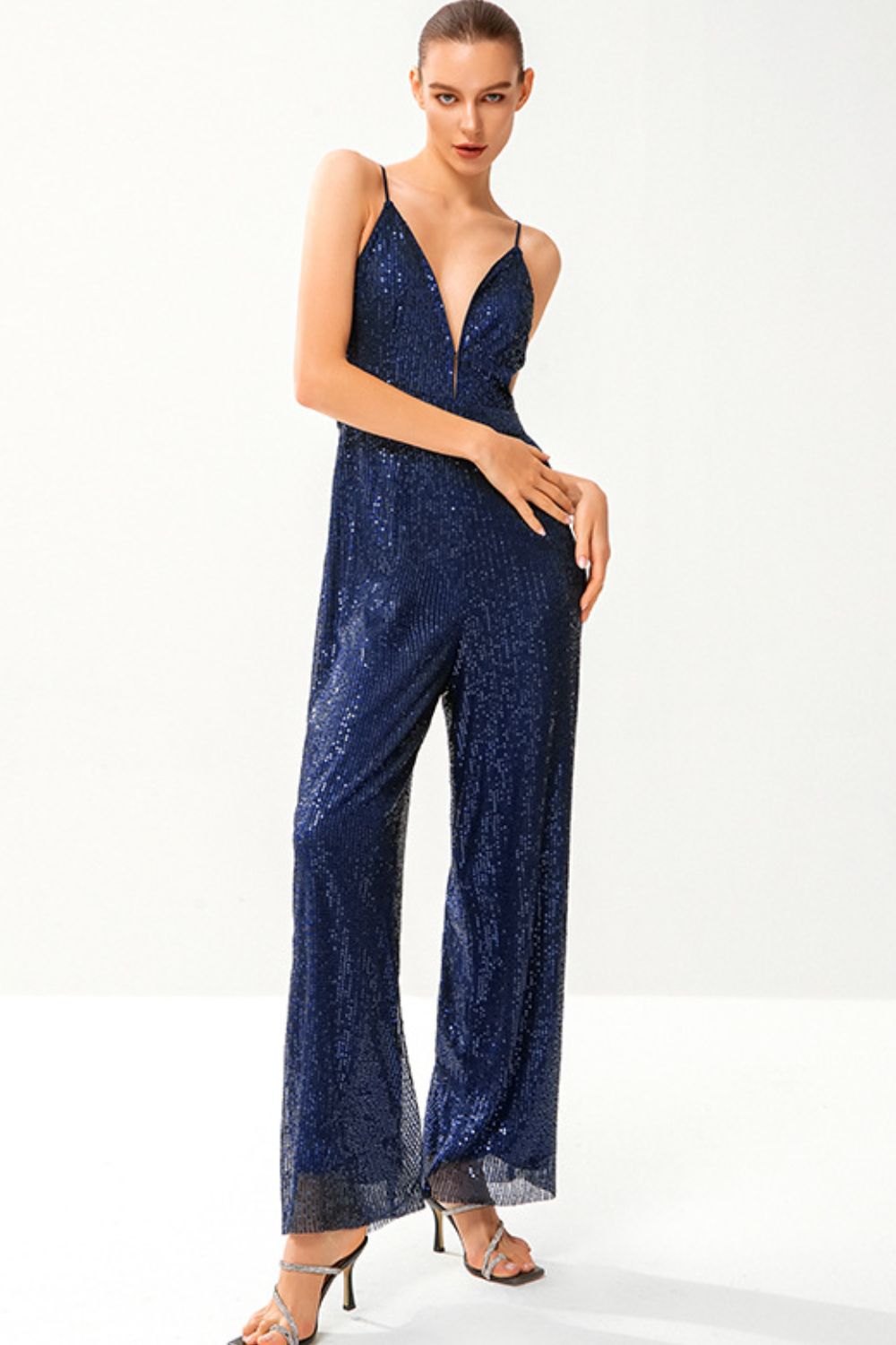 Sequined Spaghetti Strap Plunge Wide Leg Jumpsuit - Marie Lashaays 