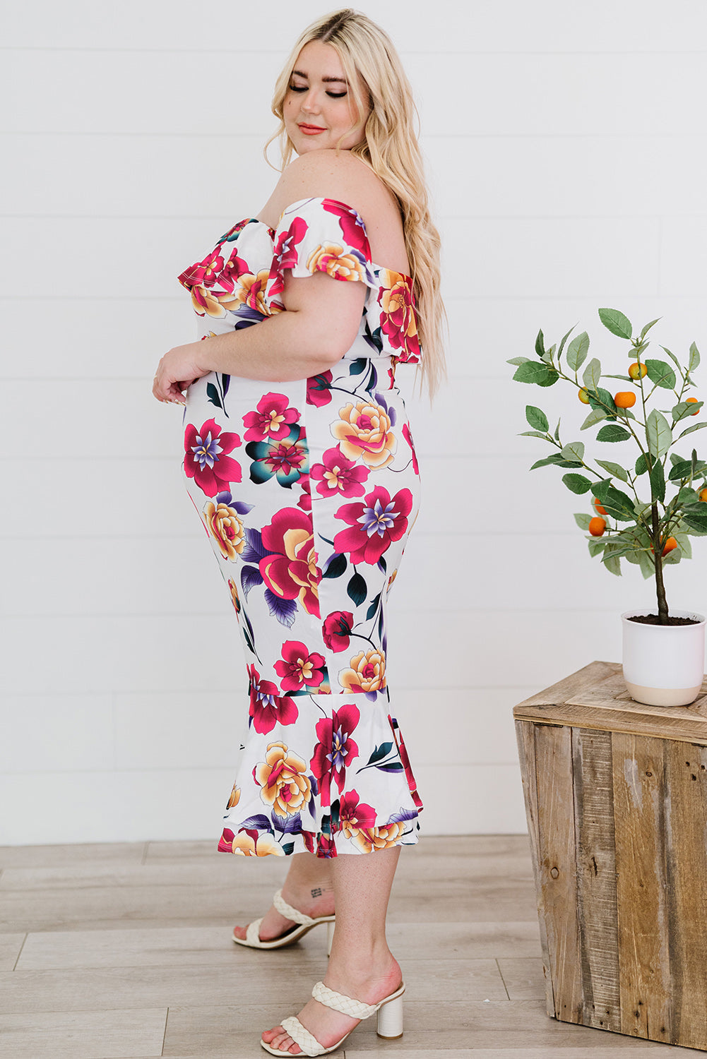 Plus Size Floral Off-Shoulder Fishtail Dress