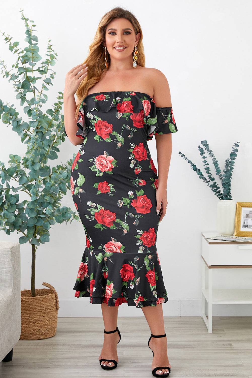 Plus Size Floral Off-Shoulder Fishtail Dress