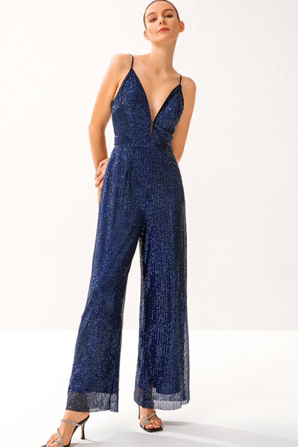 Sequined Spaghetti Strap Plunge Wide Leg Jumpsuit - Marie Lashaays 