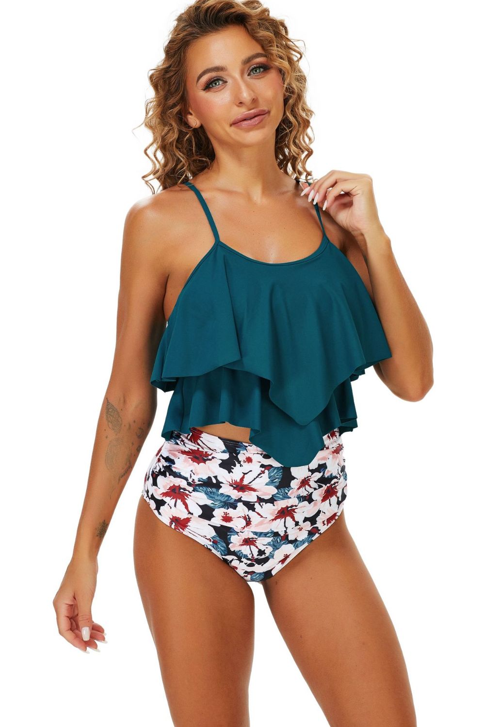 Printed Spaghetti Strap Layered Tankini Set - Marie Lashaays 