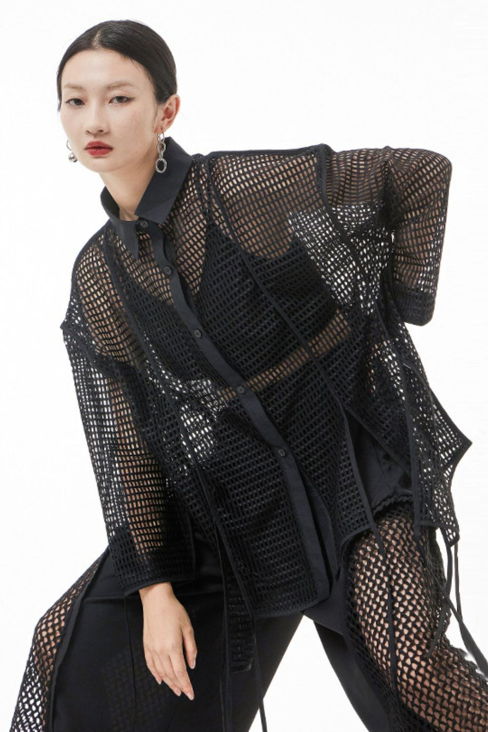 Openwork Mesh Slit Long Sleeve Shirt