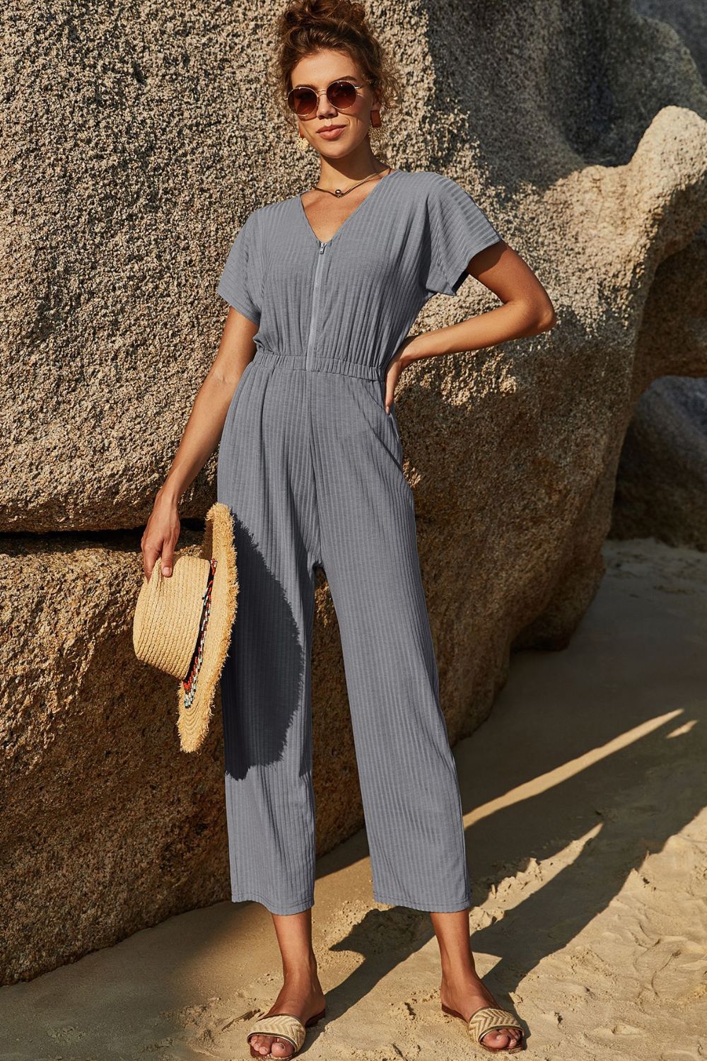 Elastic Waist Zip Up V-Neck Jumpsuit - Marie Lashaays 