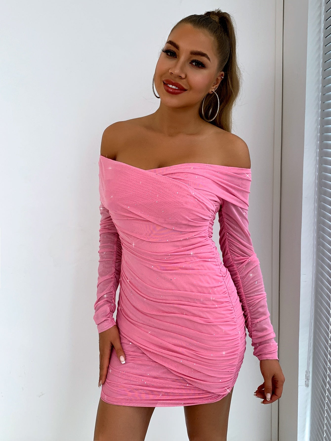 Glitter Off-Shoulder Ruched Bodycon Dress - Marie Lashaays 