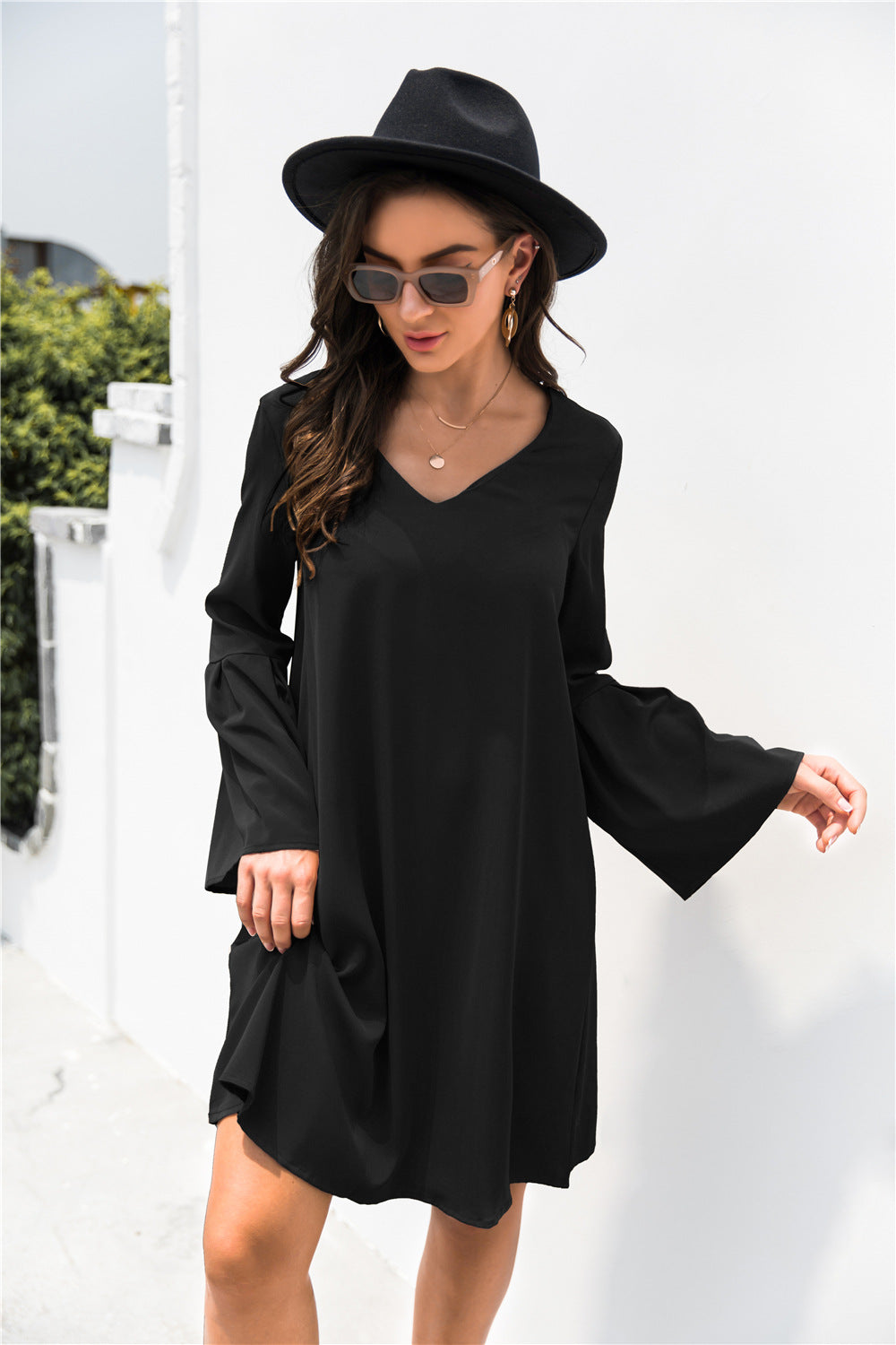 Trumpet Sleeve V Neck Dress