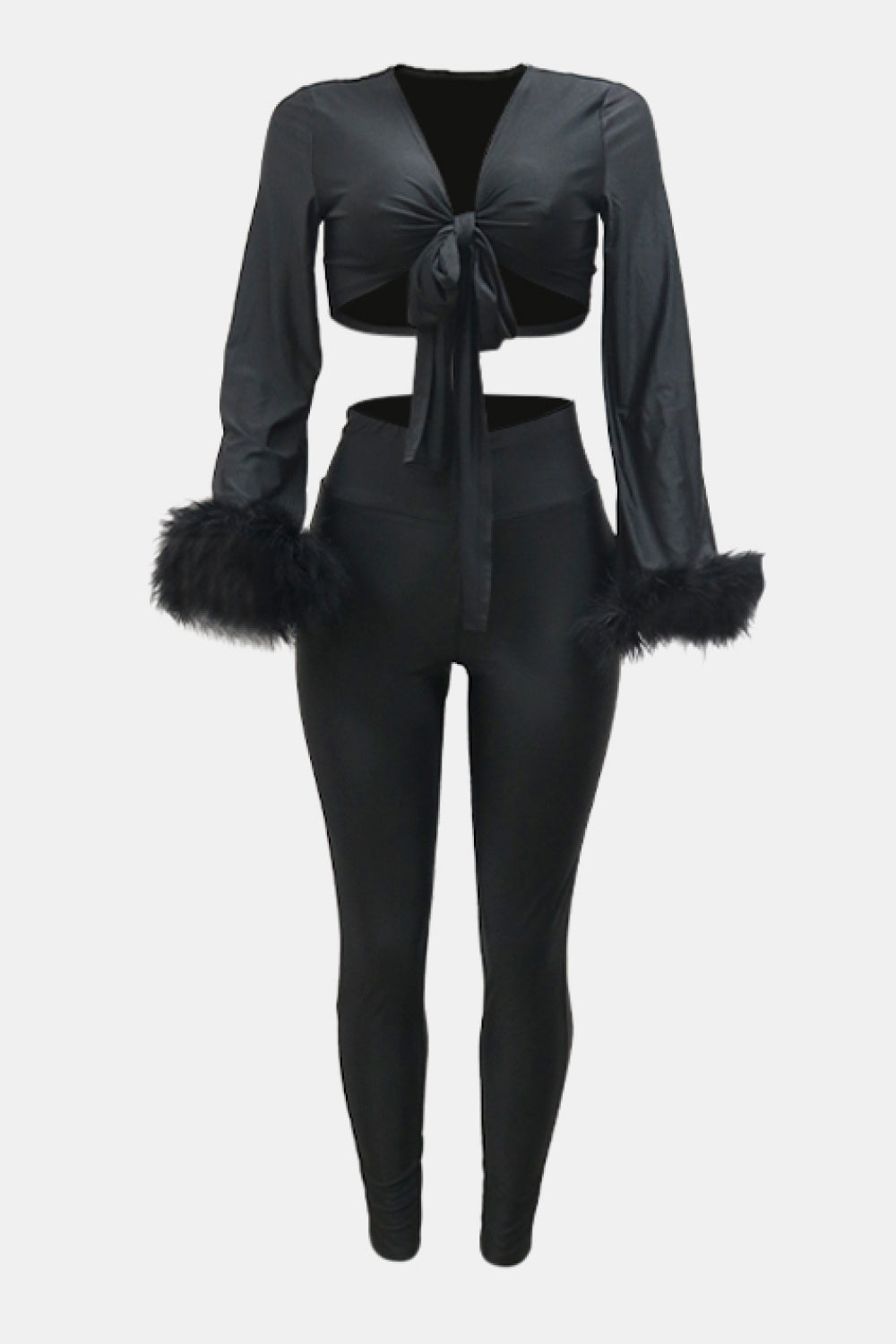 Tie Front Feather Detail Cropped Top and Leggings Set - Marie Lashaays 