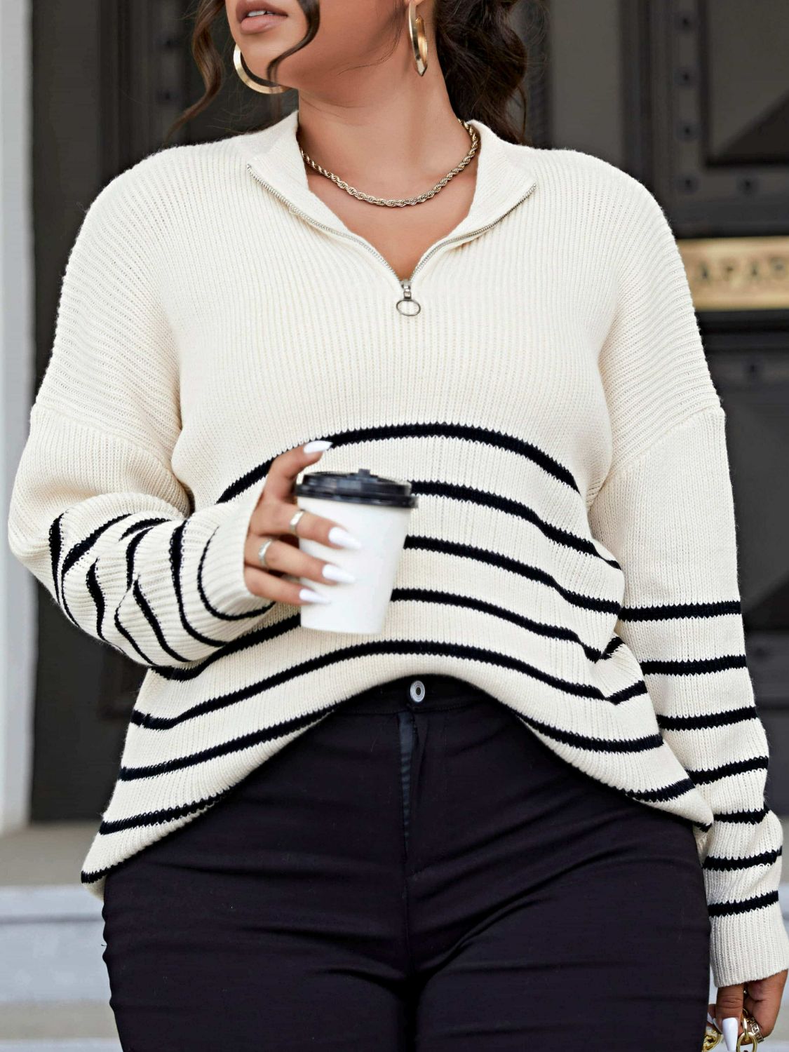 Plus Size Striped Quarter-Zip Rib-Knit Sweater