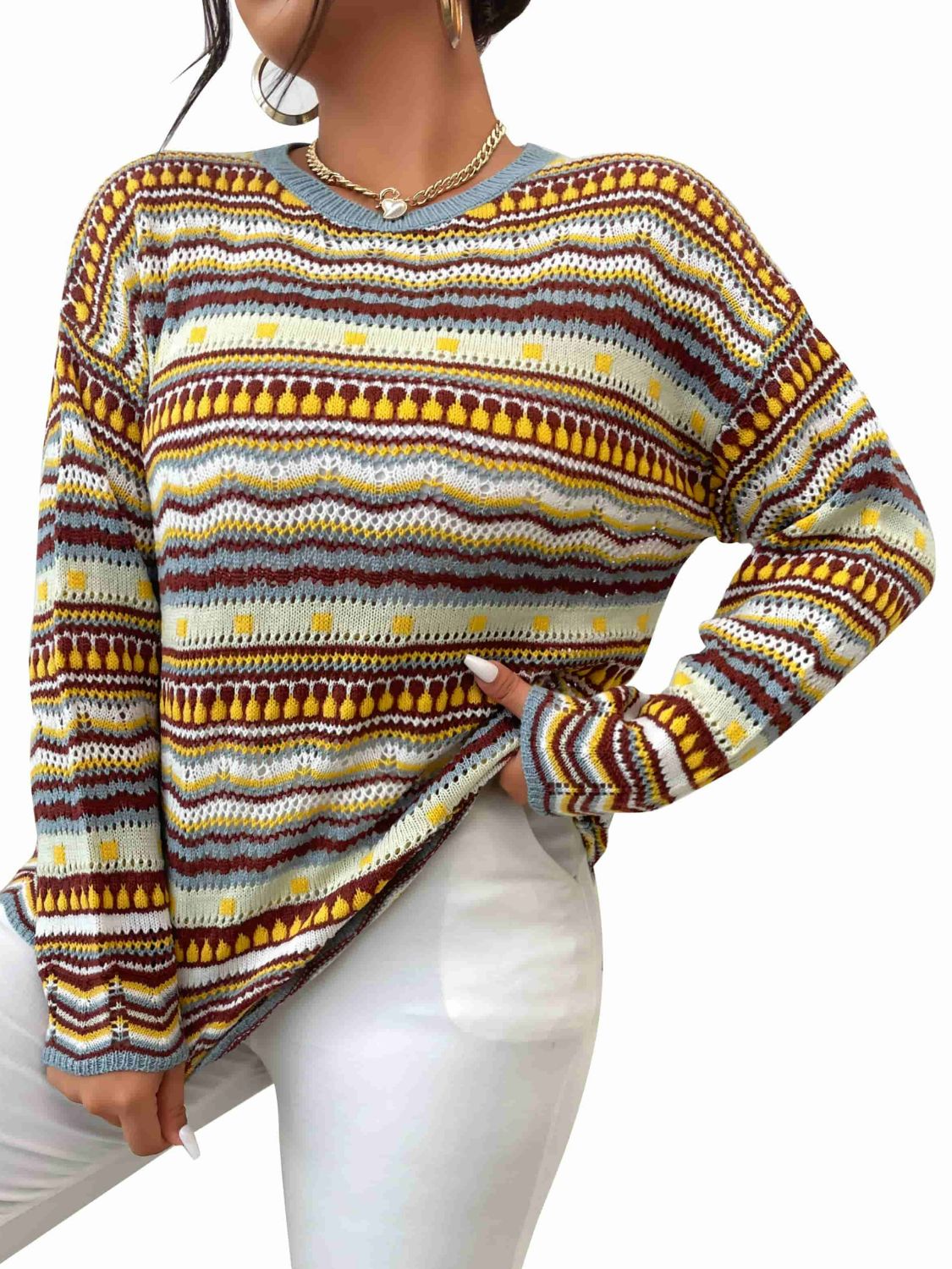 Plus Size Multicolored Scalloped Hem Round Neck Sweater