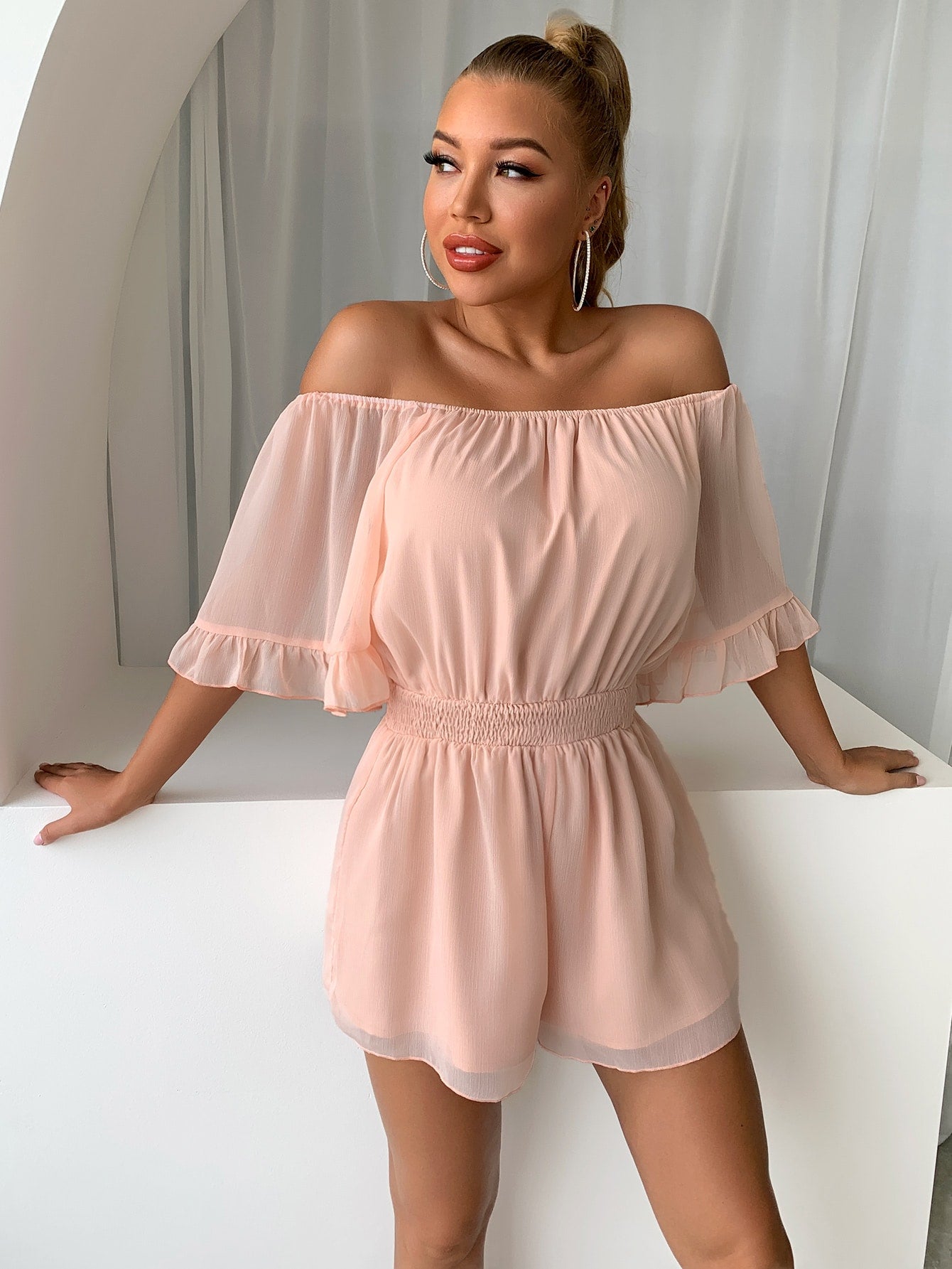 Off-Shoulder Flounce Sleeve Romper - Marie Lashaays 