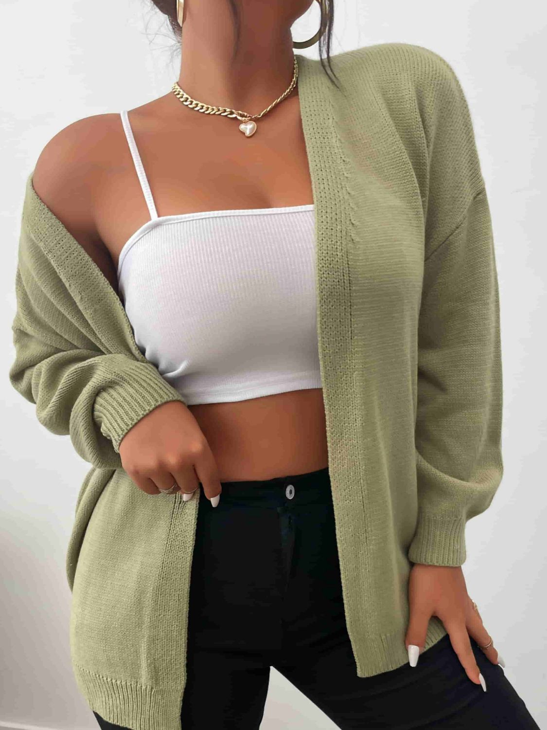 Plus Size Ribbed Trim Open Front Cardigan