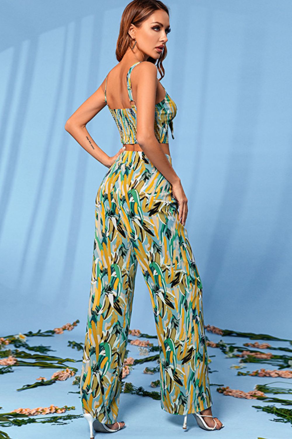 Printed Tie-Front Bralette and Wide Leg Pants Set - Marie Lashaays 