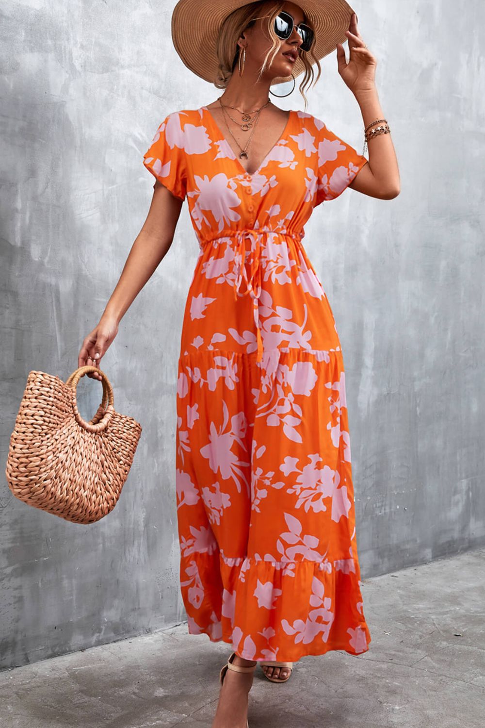 Floral Buttoned Drawstring Waist Tiered Dress