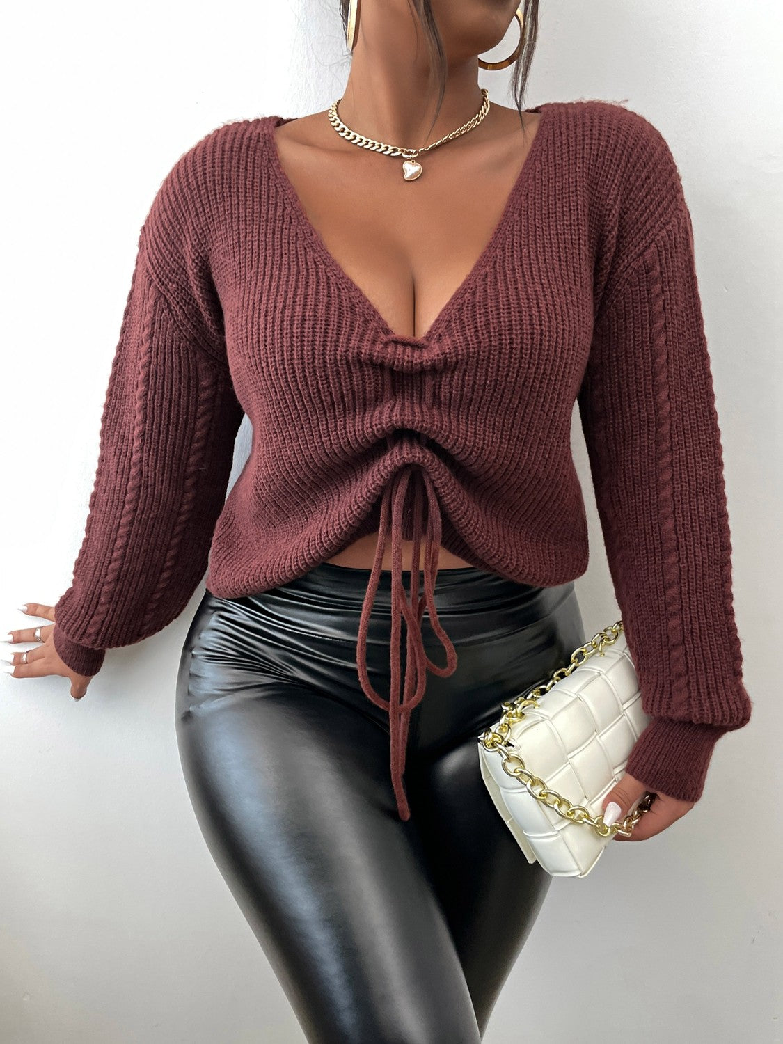 Plus Size Rib-Knit Drawstring Detail Plunge Sweater