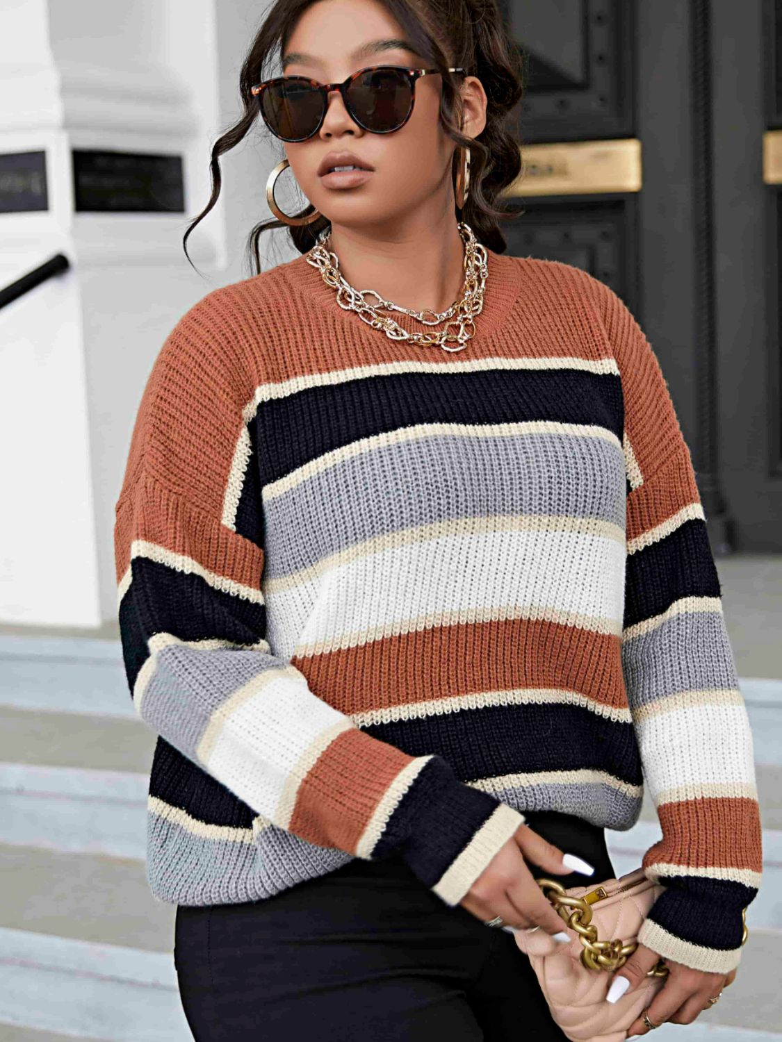 Plus Size Striped Round Neck Rib-Knit Sweater