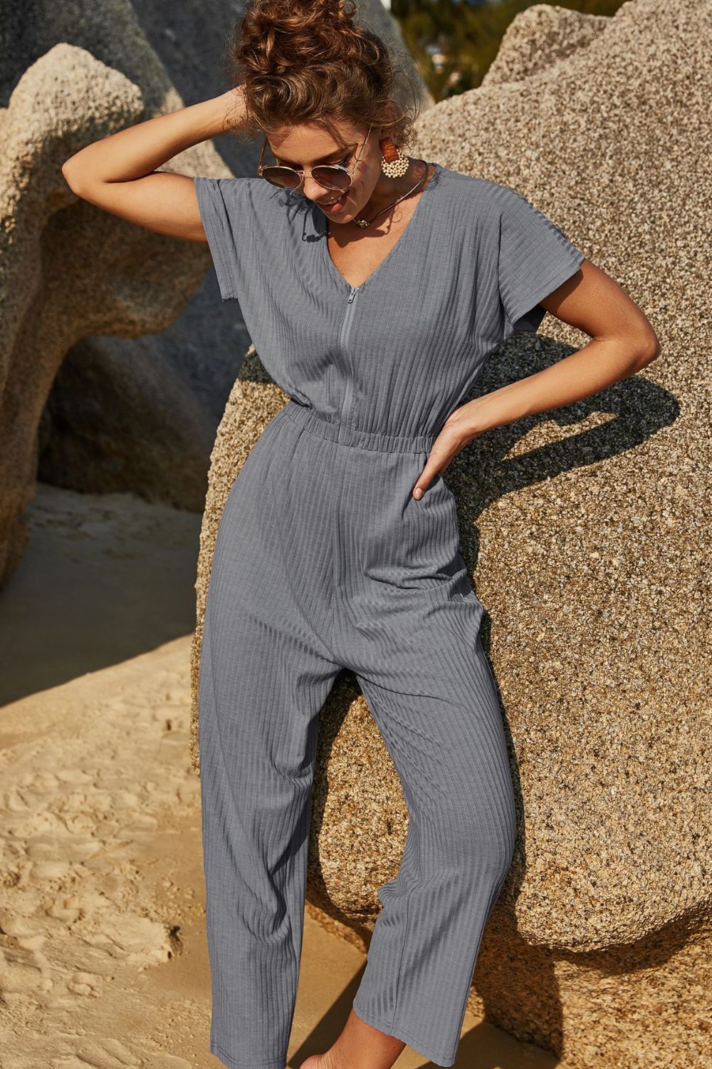 Elastic Waist Zip Up V-Neck Jumpsuit - Marie Lashaays 