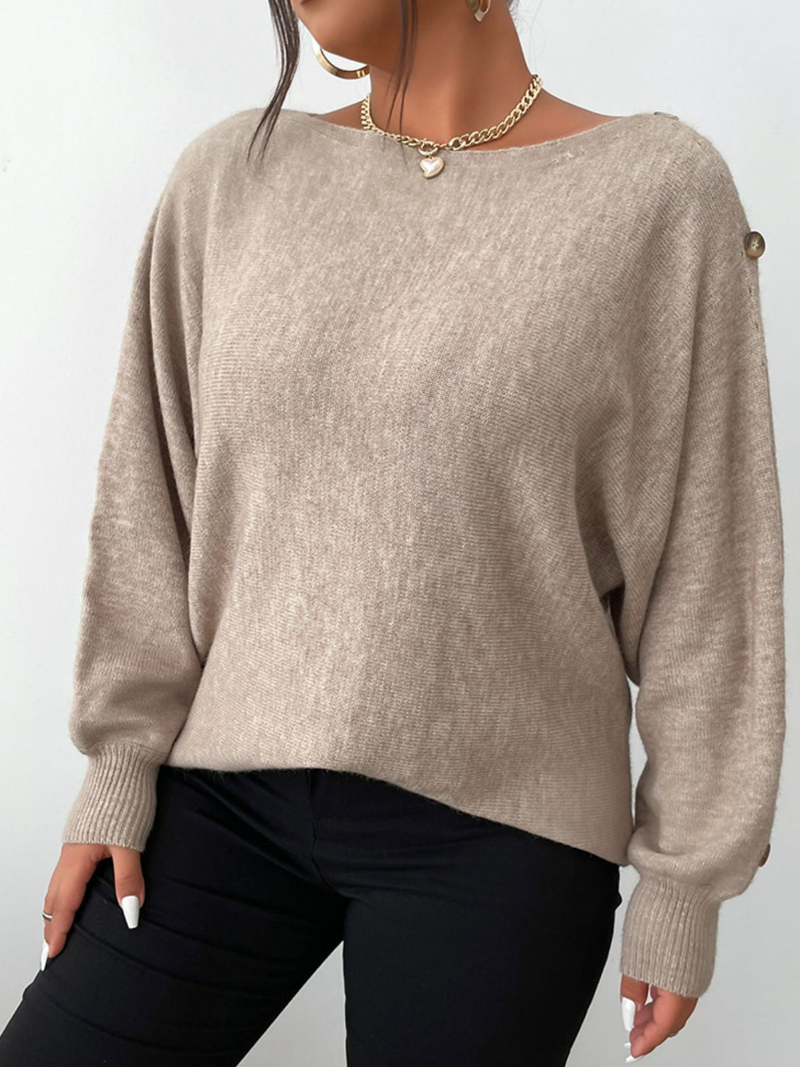 Plus Size Button Detail Boat Neck Sweater