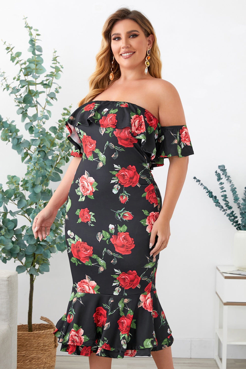 Plus Size Floral Off-Shoulder Fishtail Dress