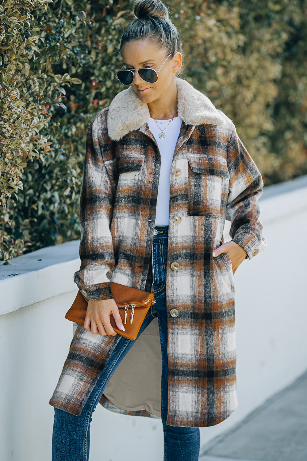 Plaid Fur Collared Duster Coat