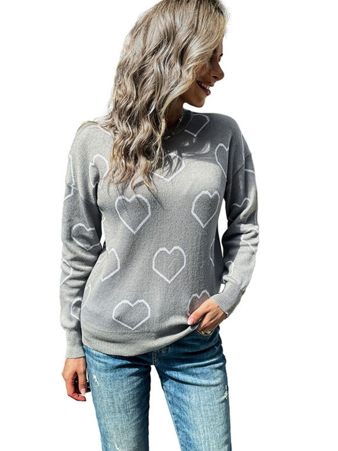 Heart Print Dropped Shoulder Round Neck Sweater