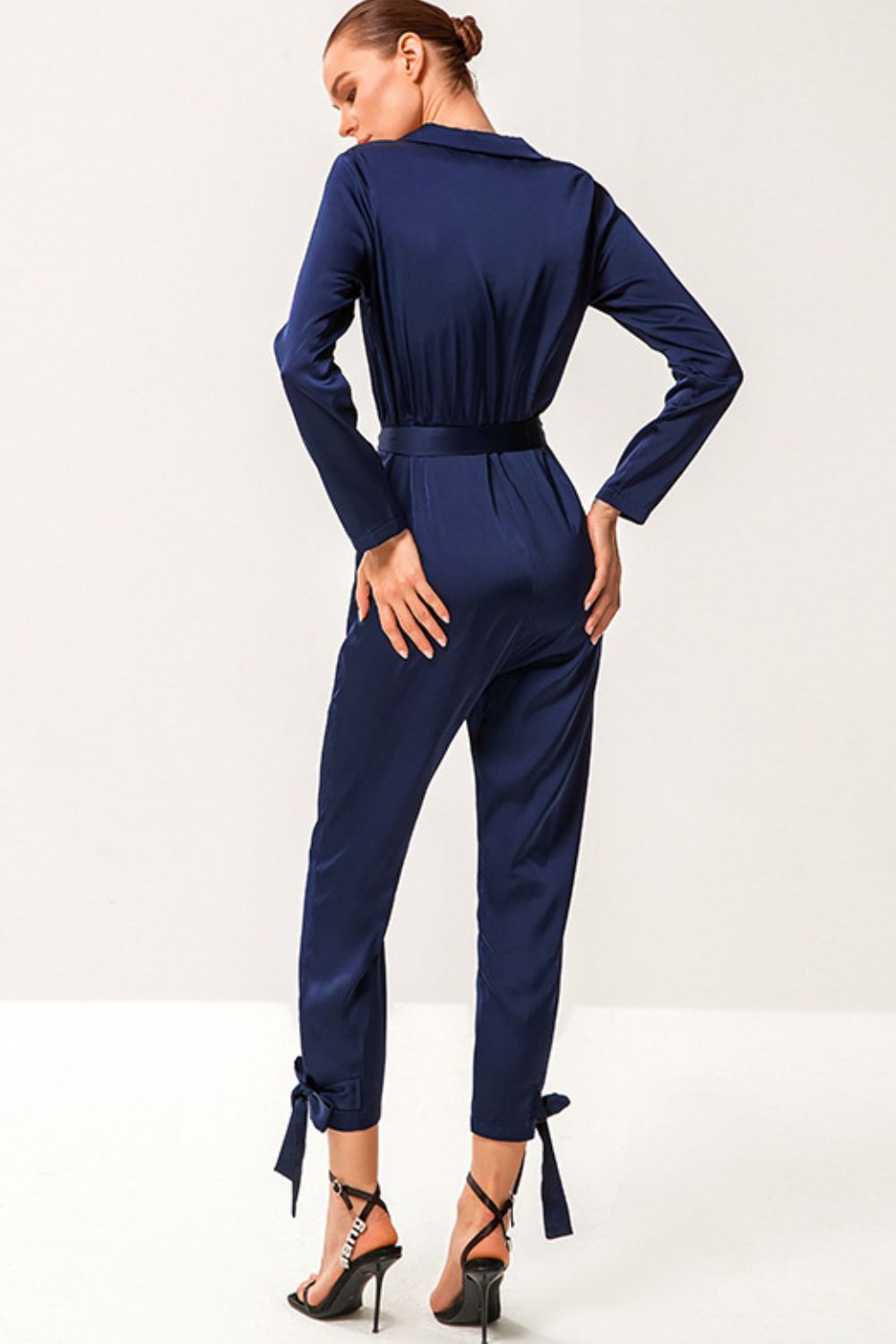 Tie-Waist Button Front Collared Satin Jumpsuit - Marie Lashaays 