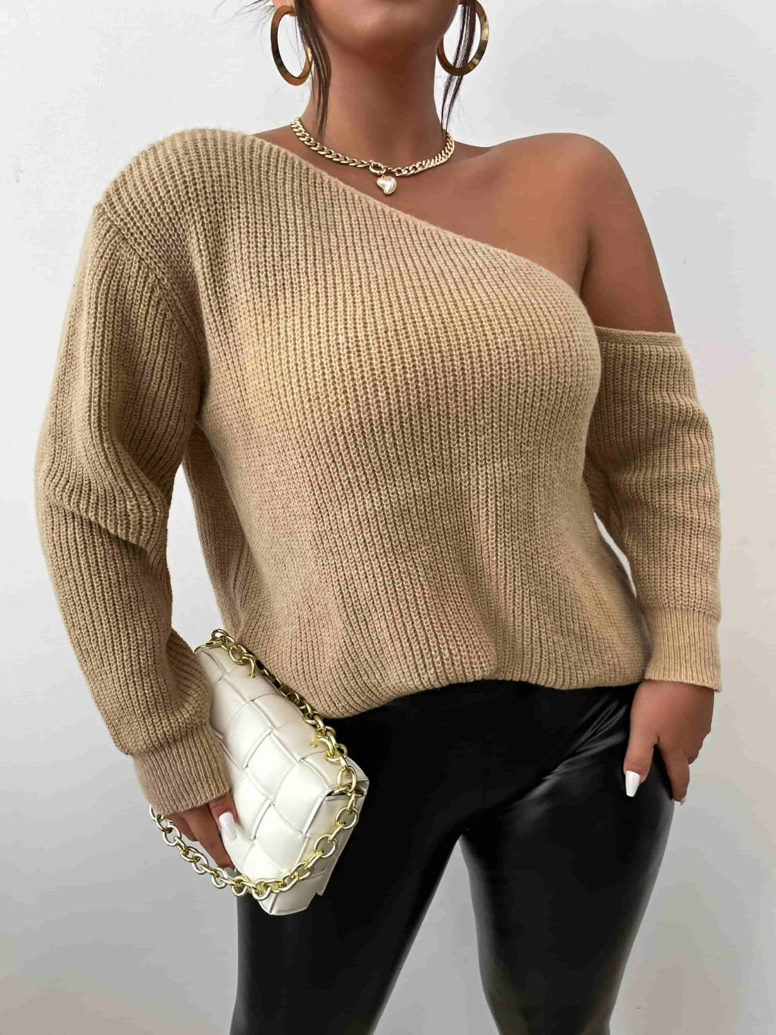 Plus Size One-Shoulder Rib-Knit Tunic Sweater