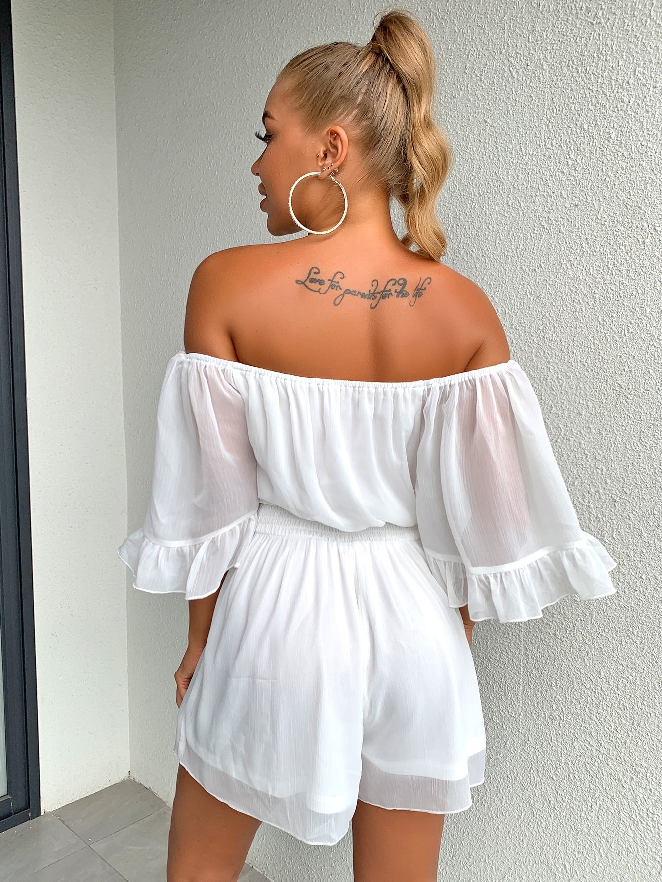 Off-Shoulder Flounce Sleeve Romper - Marie Lashaays 