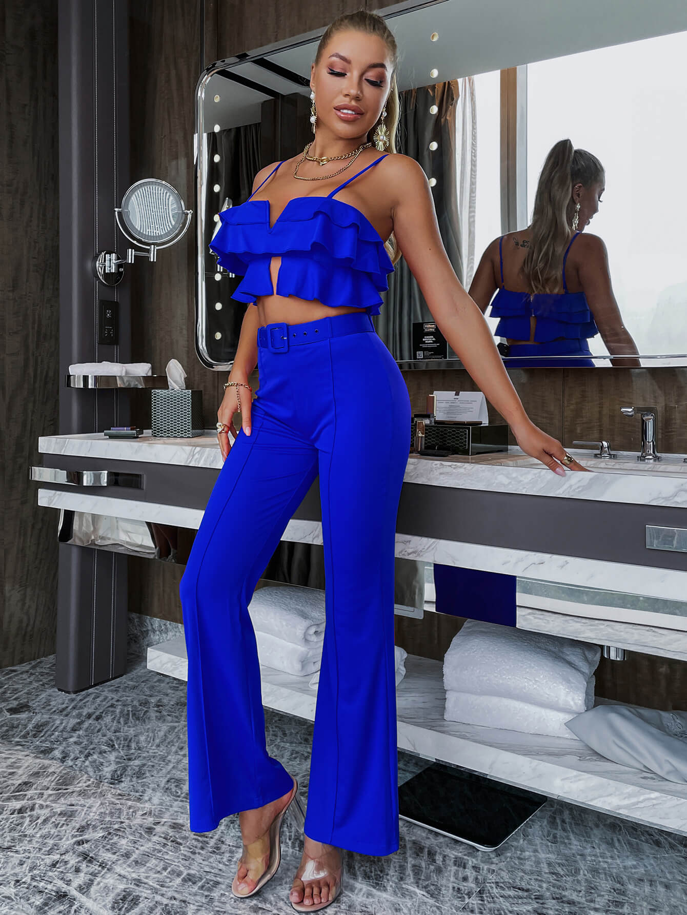 Layered Cami and Belted Flared Pants Set - Marie Lashaays 