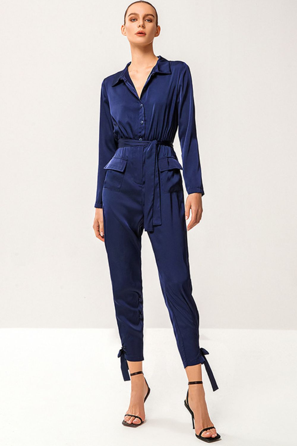 Tie-Waist Button Front Collared Satin Jumpsuit - Marie Lashaays 