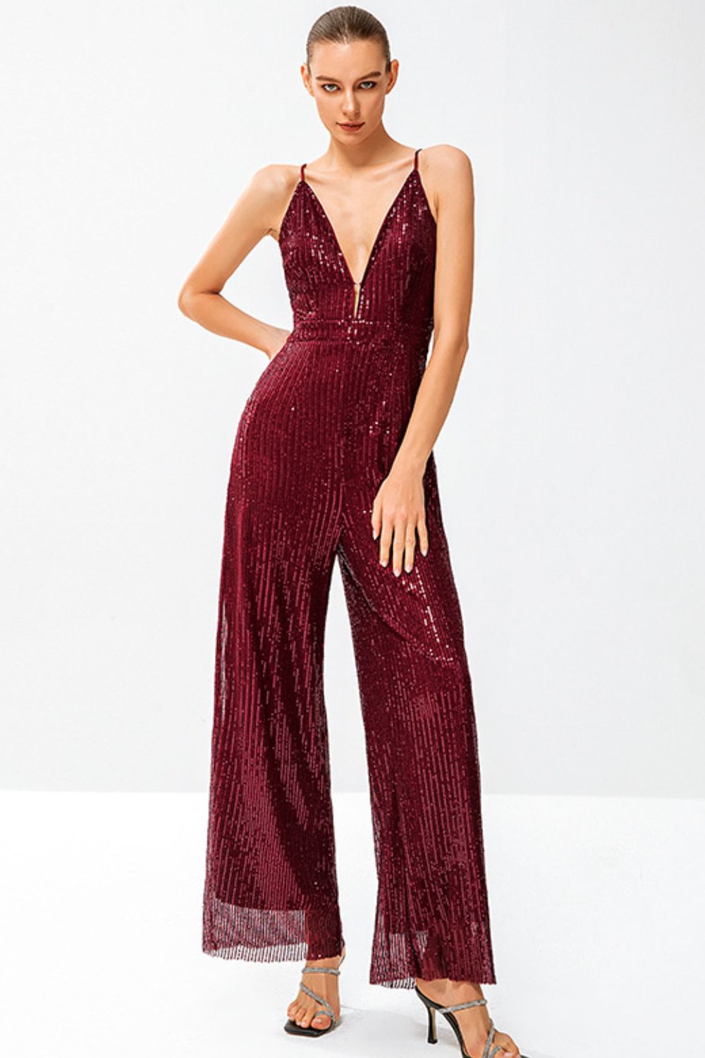 Sequined Spaghetti Strap Plunge Wide Leg Jumpsuit - Marie Lashaays 