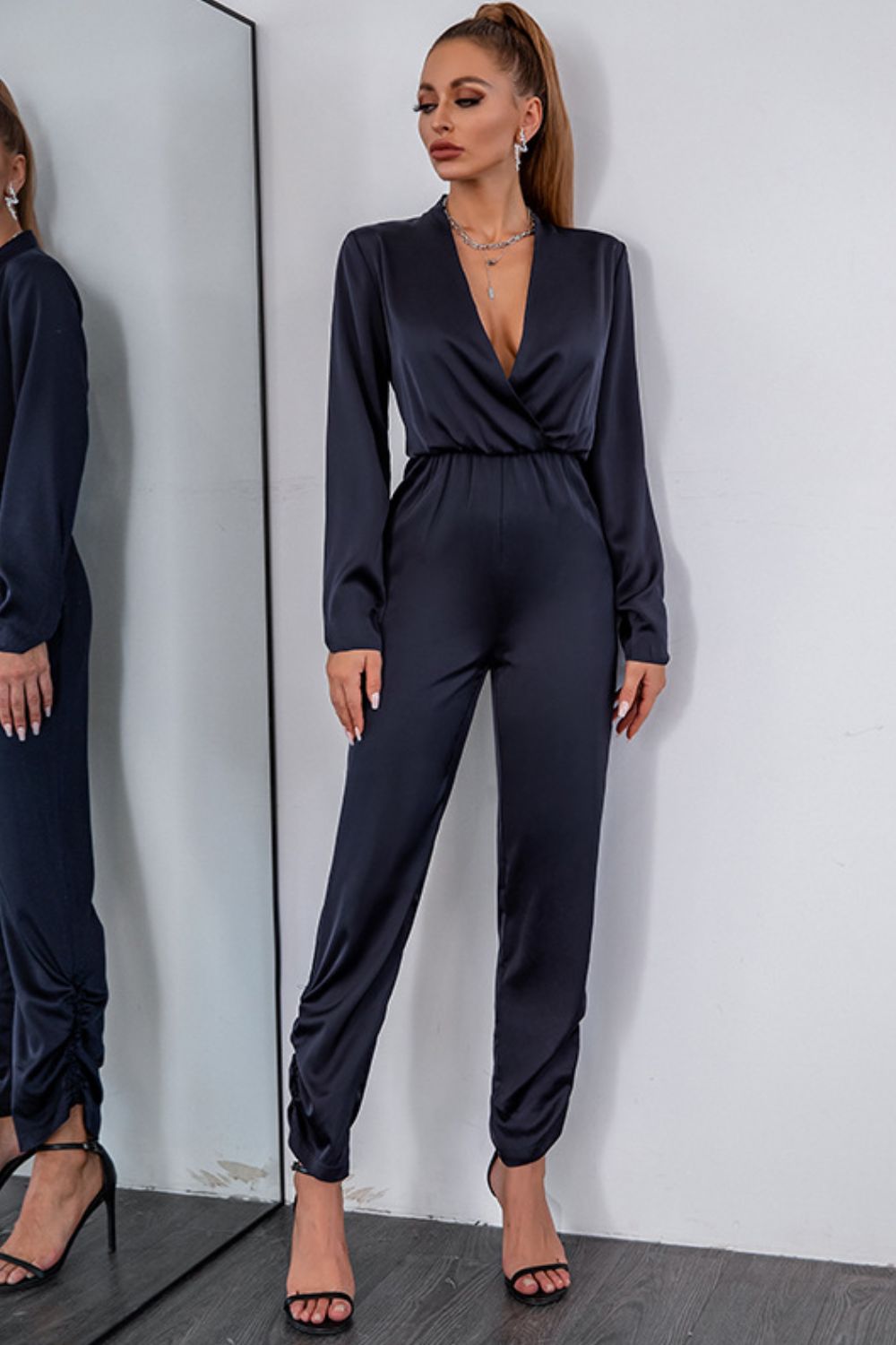 Elastic Waist Surplice Satin Jumpsuit - Marie Lashaays 