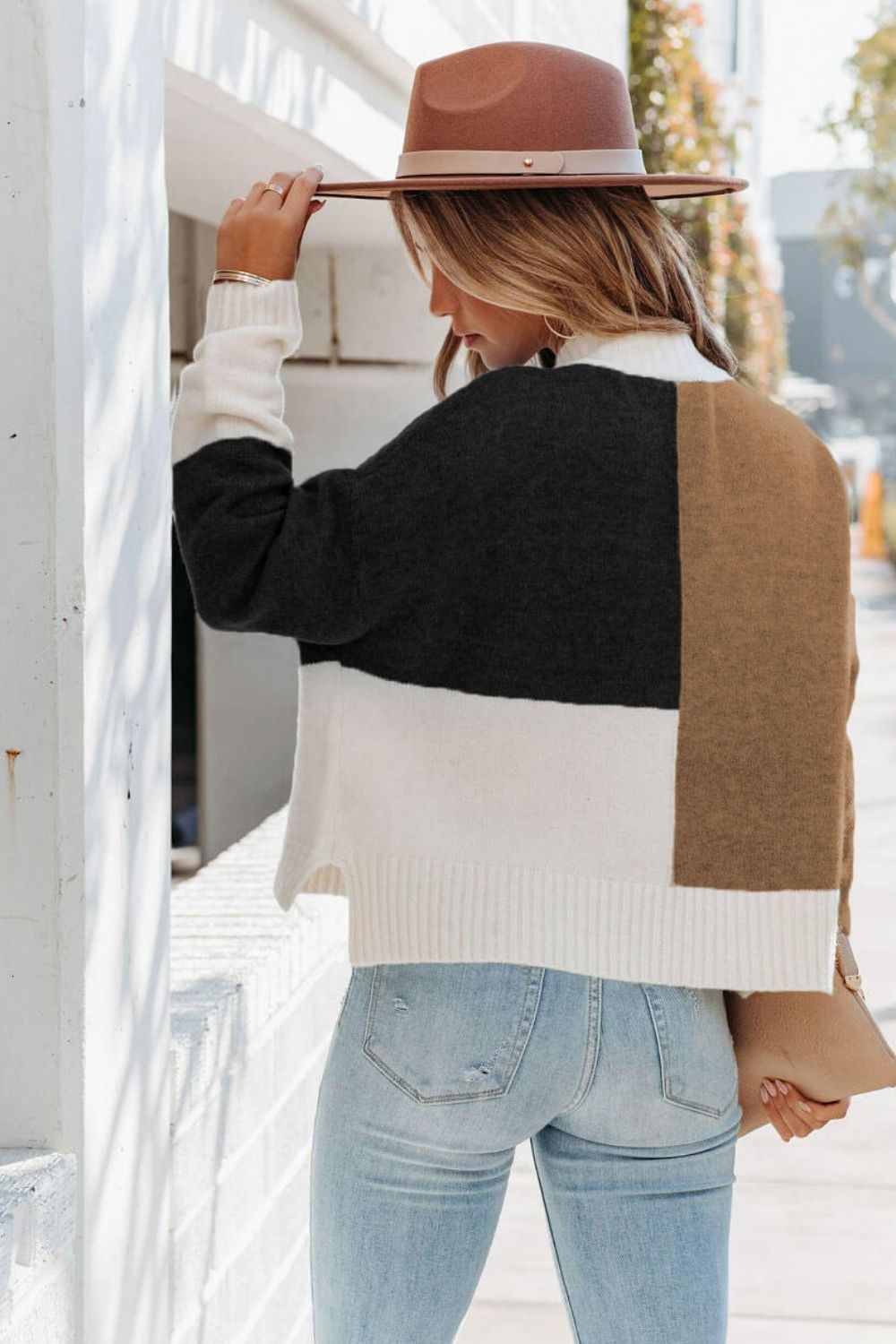 Color Block Dropped Shoulder Ribbed Trim Sweater