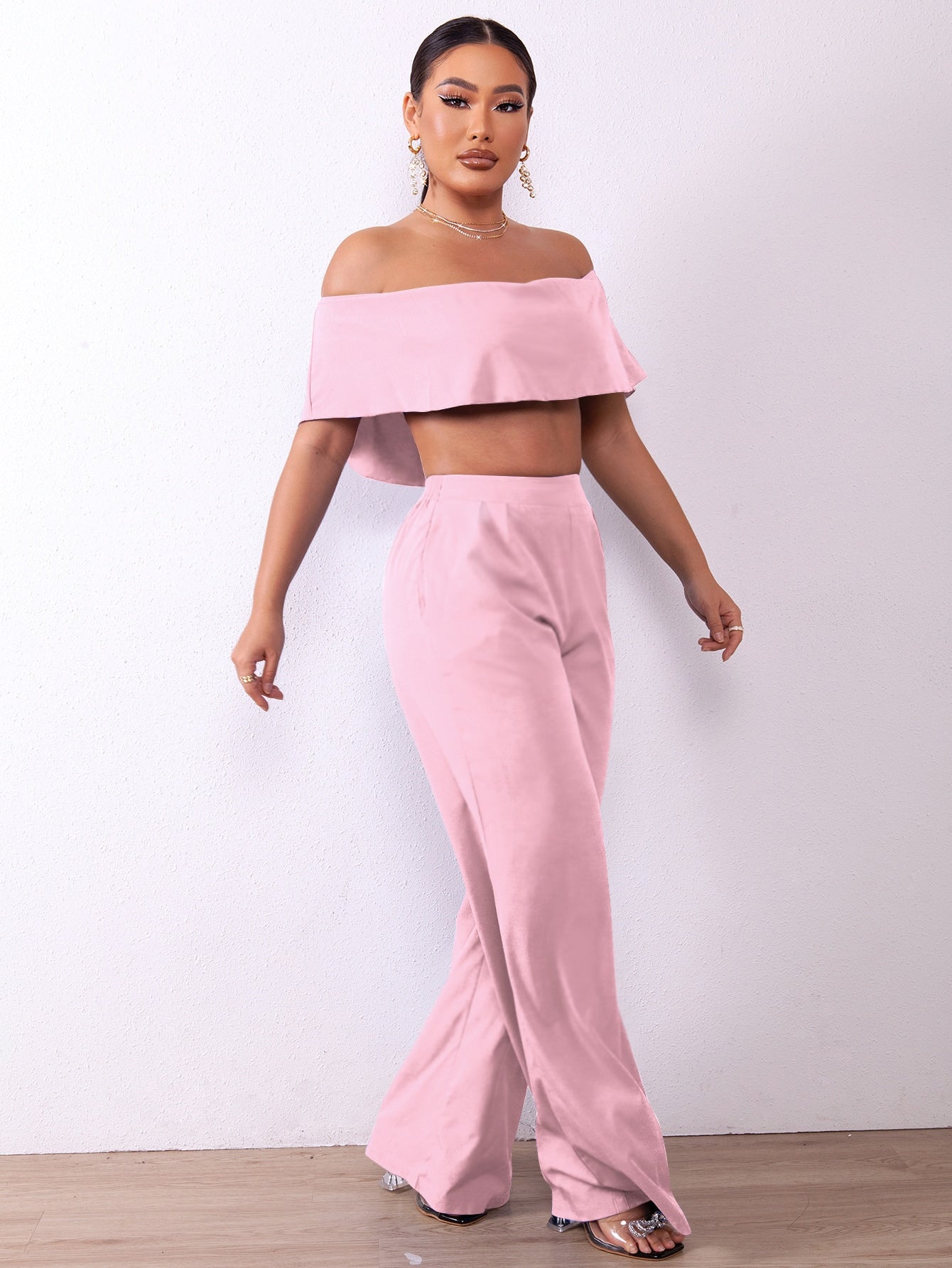 Off-Shoulder Crop Top and Wide Leg Pants Set - Marie Lashaays 