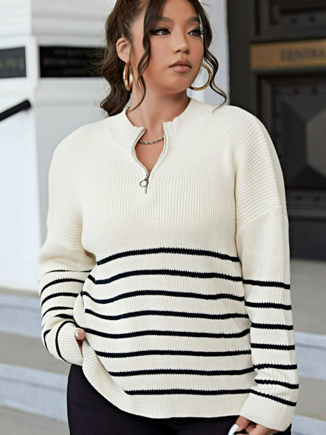 Plus Size Striped Quarter-Zip Rib-Knit Sweater