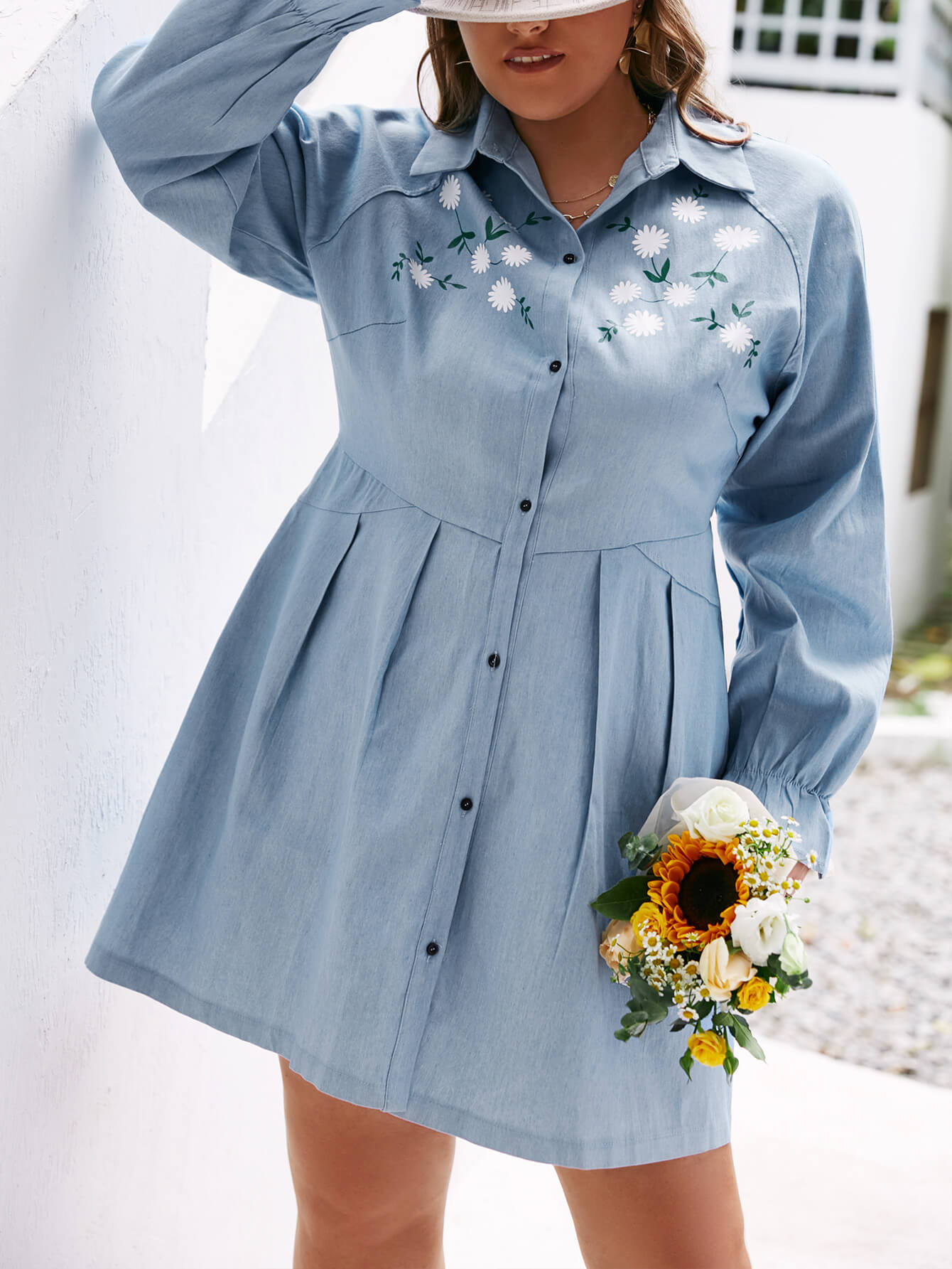 Plus Size Floral Button Front Pleated Denim Shirt Dress - Marie Lashaays 