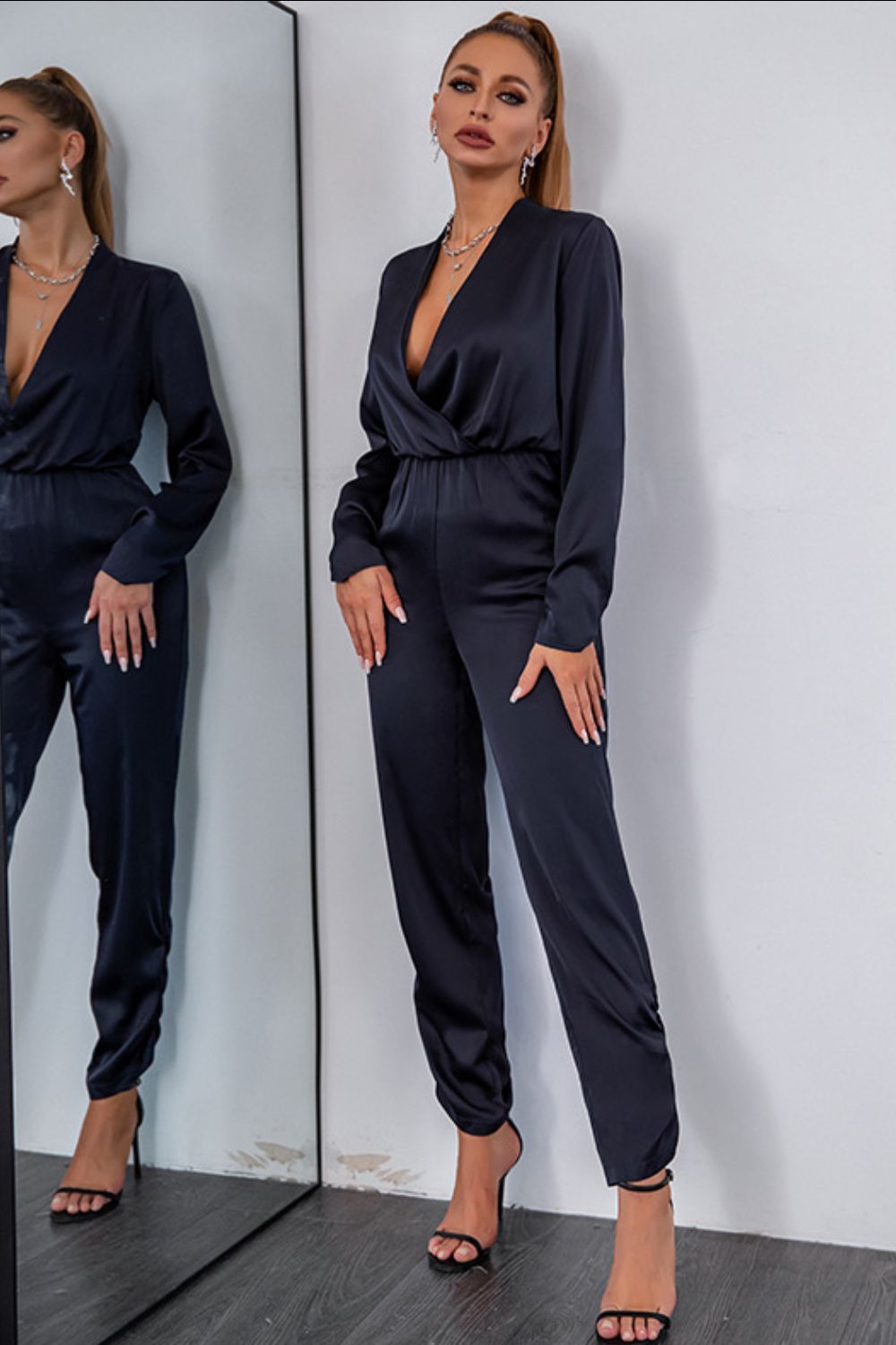 Elastic Waist Surplice Satin Jumpsuit - Marie Lashaays 