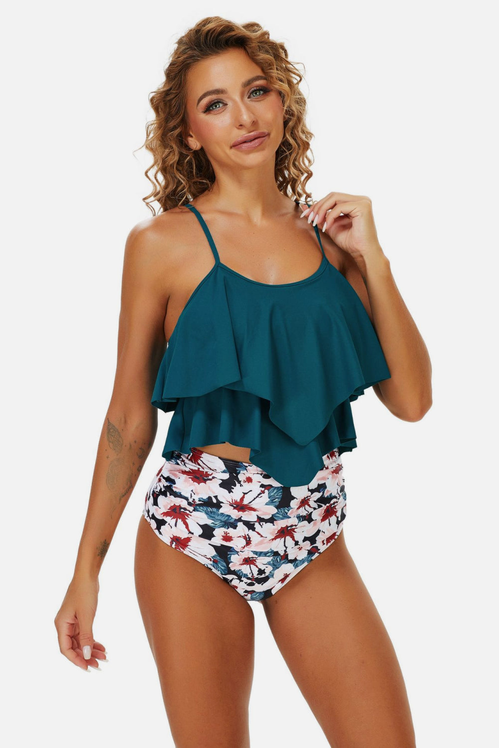 Printed Spaghetti Strap Layered Tankini Set - Marie Lashaays 